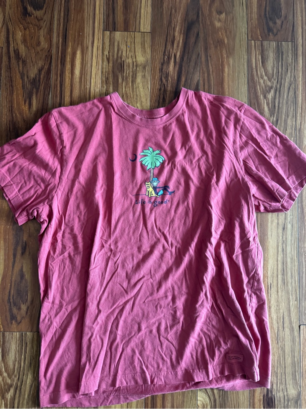 Life Is Good Cherry Red Short Sleeve Tee with Palm Tree, Smiley & Dog Graphic - Picture 2 of 3